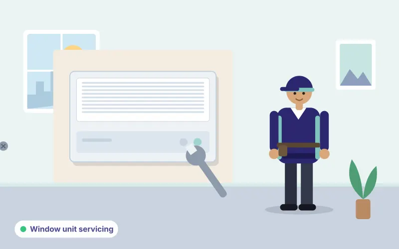 Illustration of a technician with tools next to a window AC fitted in a wall opening